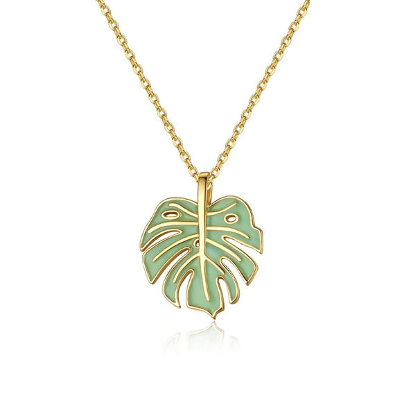 Silver Green Enamel Leaf Pendant Necklace